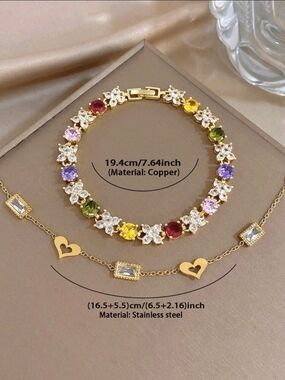 Gold-Plated Multicolor Cubic Zirconia Bracelet + Heart Charm Crystal Bracelet